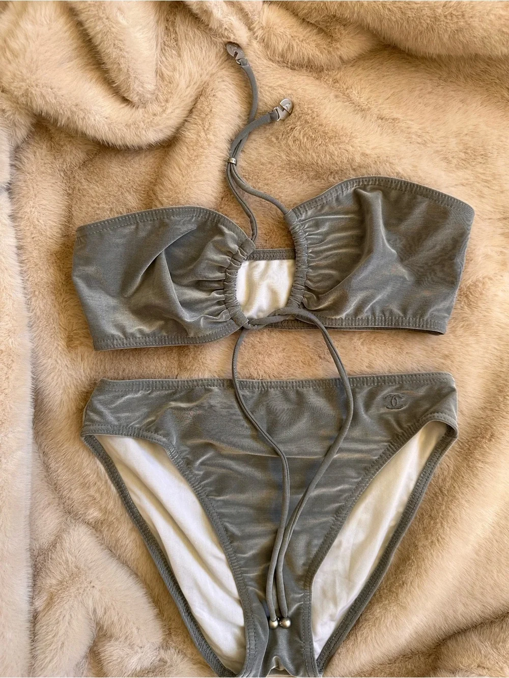 AUTHENTIC CHANEL Silver/Gray Tie-Front Halter Bikini
